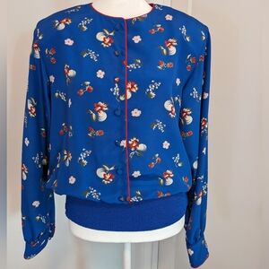Vintage Castleberry Floral Blue Red Banded Button Secretary 80's Blouse Top sz 8